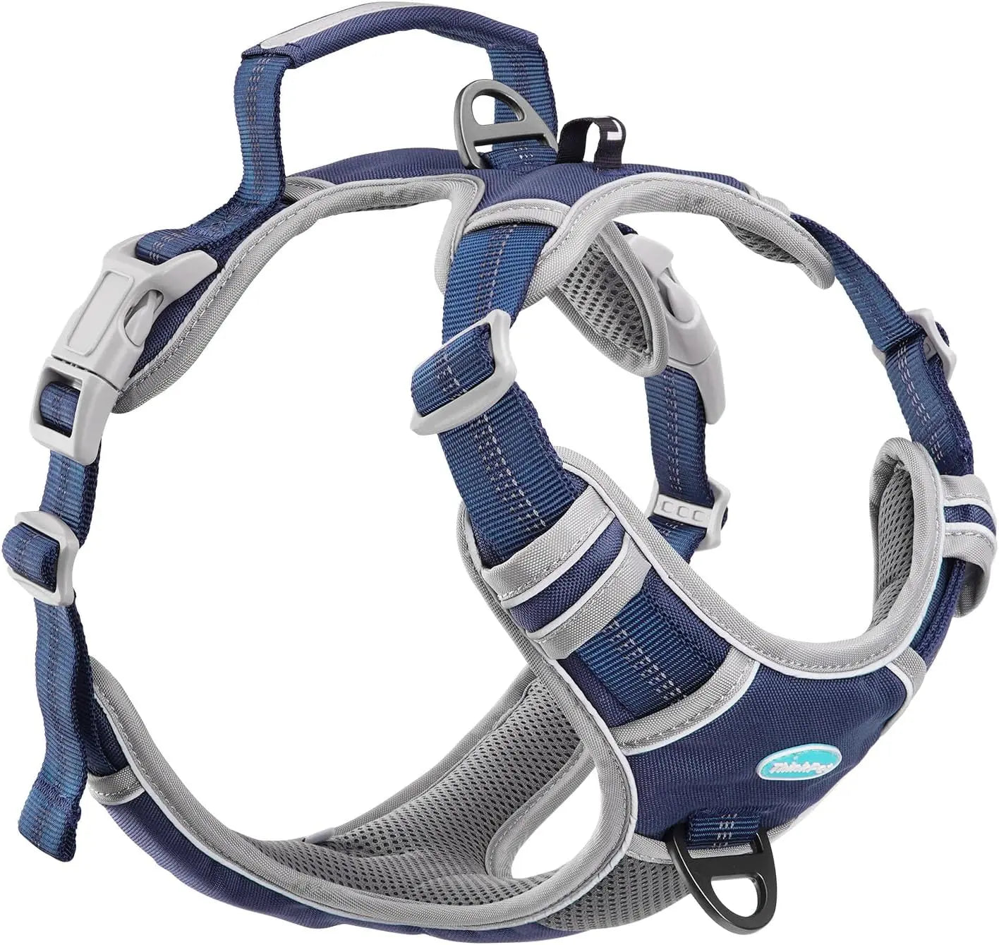 ThinkPet No Pull Harness Harnais de Sport Respirant avec poignée - Gilet de sécurité pour Chien rembourré réfléchissant Harnais réglable, Clip arrière/Avant pour Un contrôle Facile L Bleu foncé