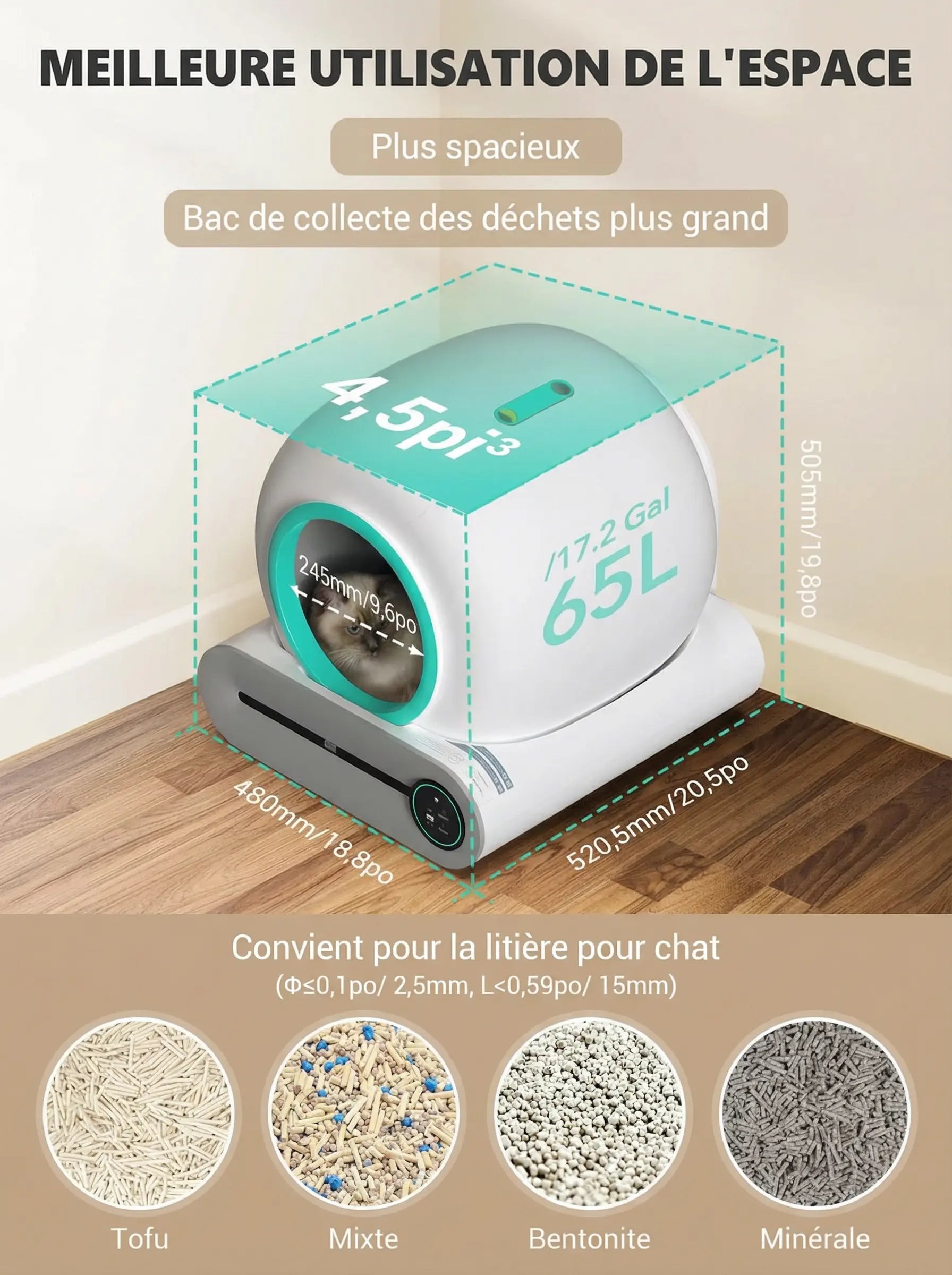 Litière intelligente autonettoyante 65L pour Chat Pawkit