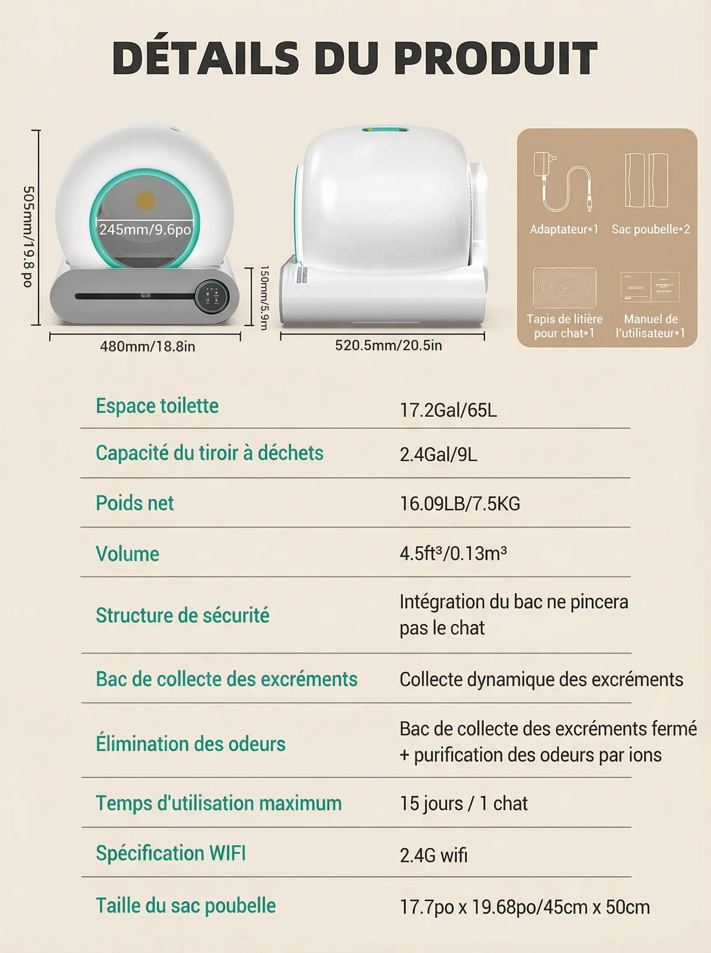 Litière intelligente autonettoyante 65L pour Chat Pawkit