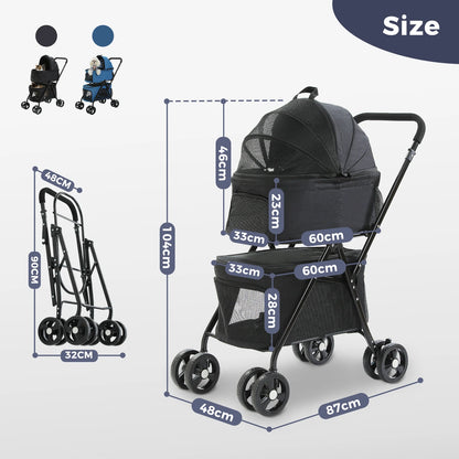 Poussette Double pour Chiens Légère et Pliable avec Panier Amovible